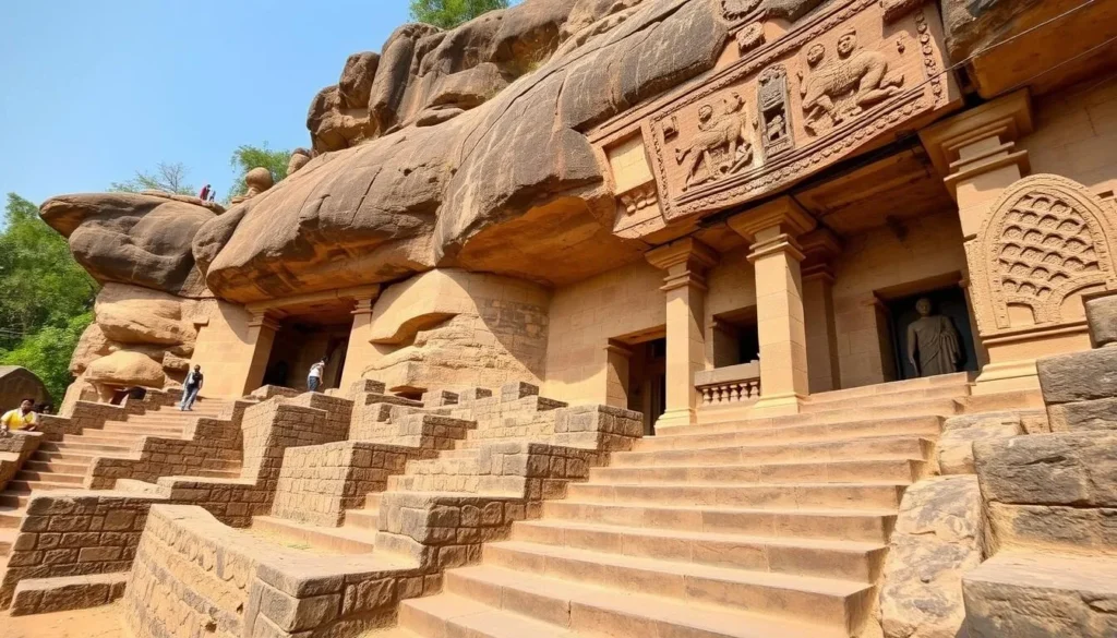 The ancient rock-cut Udayagiri and Khandagiri Caves with intricate carvings
