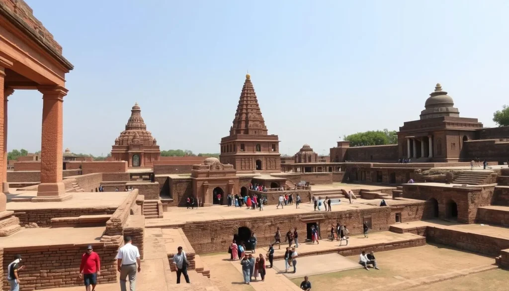 The ancient ruins of Nalanda University near Patna showing brick structures, stupas, and archaeological excavations