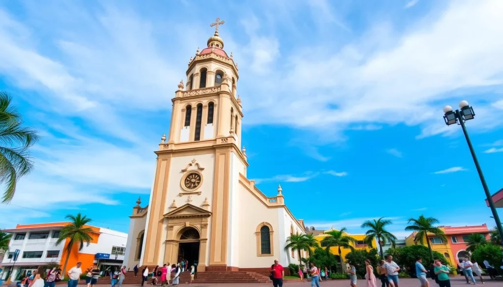 The beautiful Church of Our Lady of Guadalupe in downtown Puerto Vallarta with its ornate crown-topped tower against a blue sky