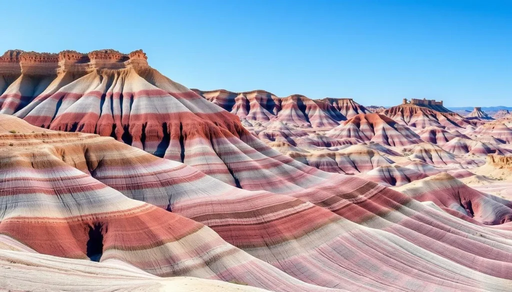 The colorful Blue Mesa badlands in Painted Desert with striped blue and purple sedimentary layers The colorful Blue Mesa badlands in Painted Desert with striped blue and purple sedimentary layers