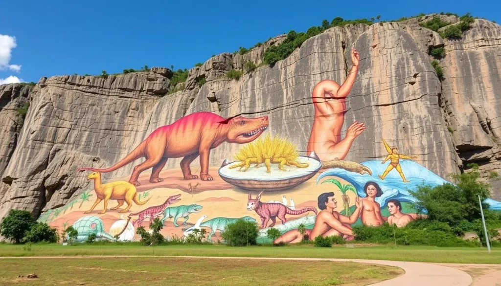 The colorful Mural de la Prehistoria painted on a mountainside in Vinales Valley