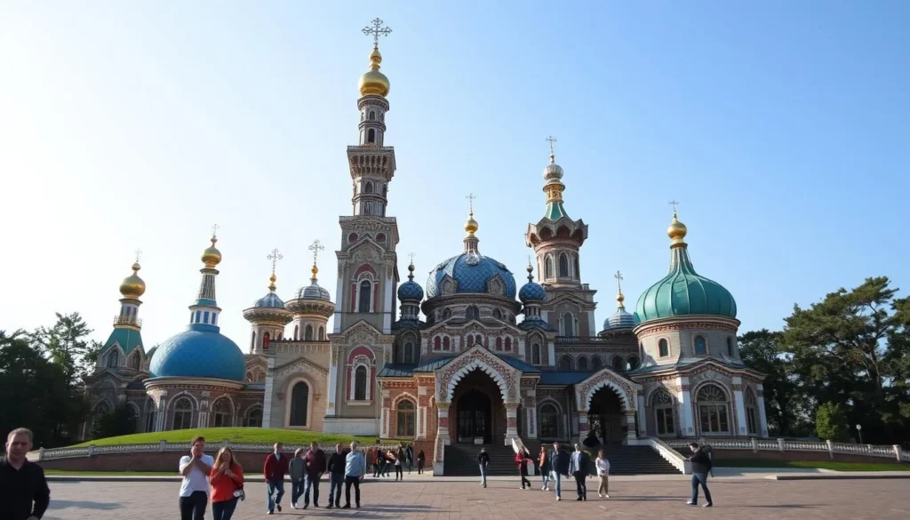 The colorful Temple of All Religions with its multiple domes and architectural styles representing different faiths The colorful Temple of All Religions with its multiple domes and architectural styles representing different faiths