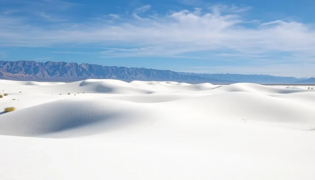 The dramatic white sand dunes of White Sands National Park with mountains in the background The dramatic white sand dunes of White Sands National Park with mountains in the background
