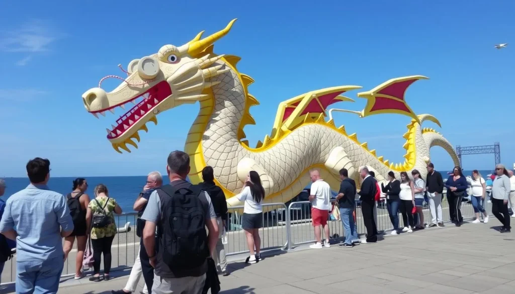 The famous Calais Dragon mechanical sculpture on the seafront with tourists watching