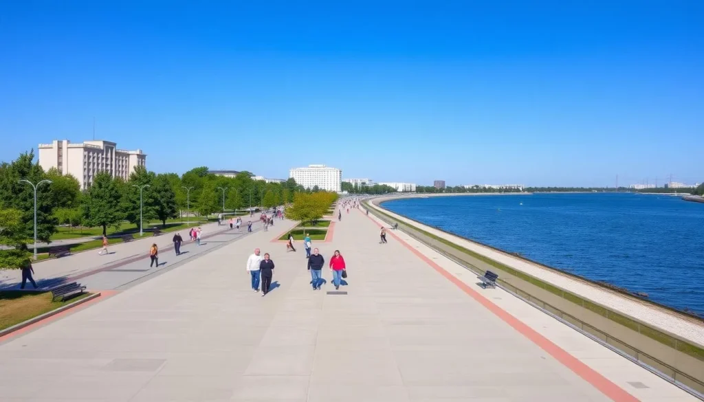 The famous Samara embankment along the Volga River with people strolling on a sunny day