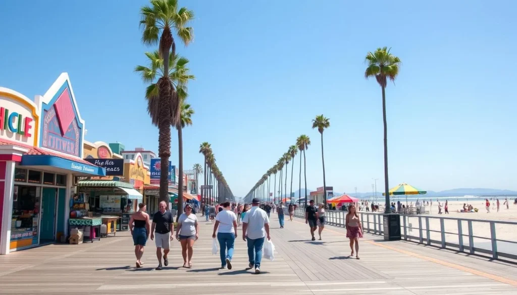 The famous Venice Beach Boardwalk with street performers and shops in Los Angeles, California