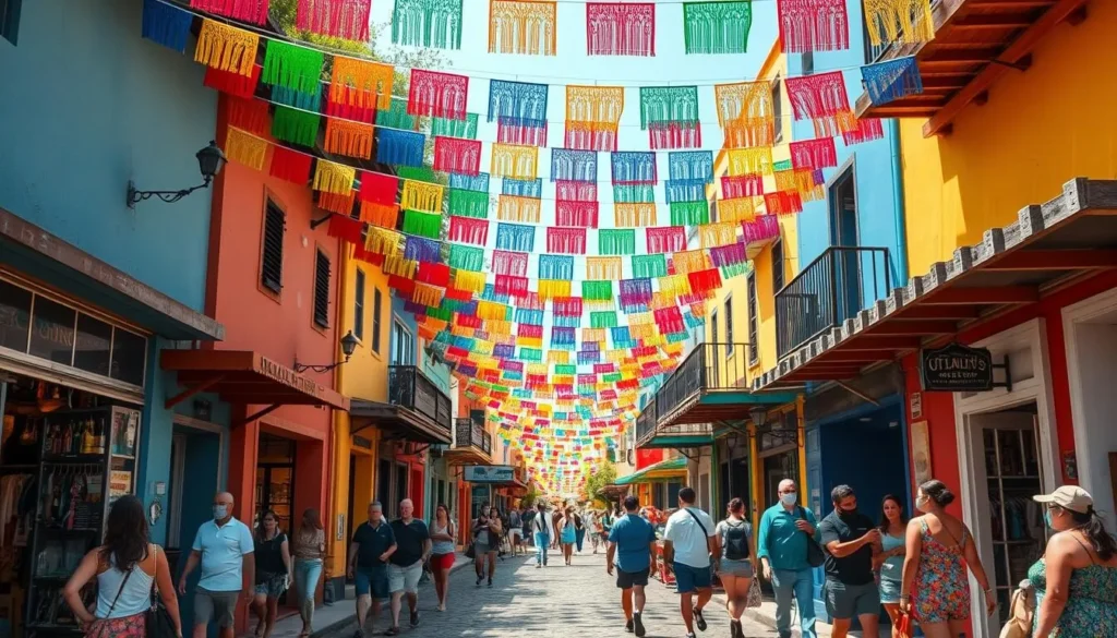 The famous colorful flag street (Calle de Colores) in Sayulita with traditional papel picado decorations