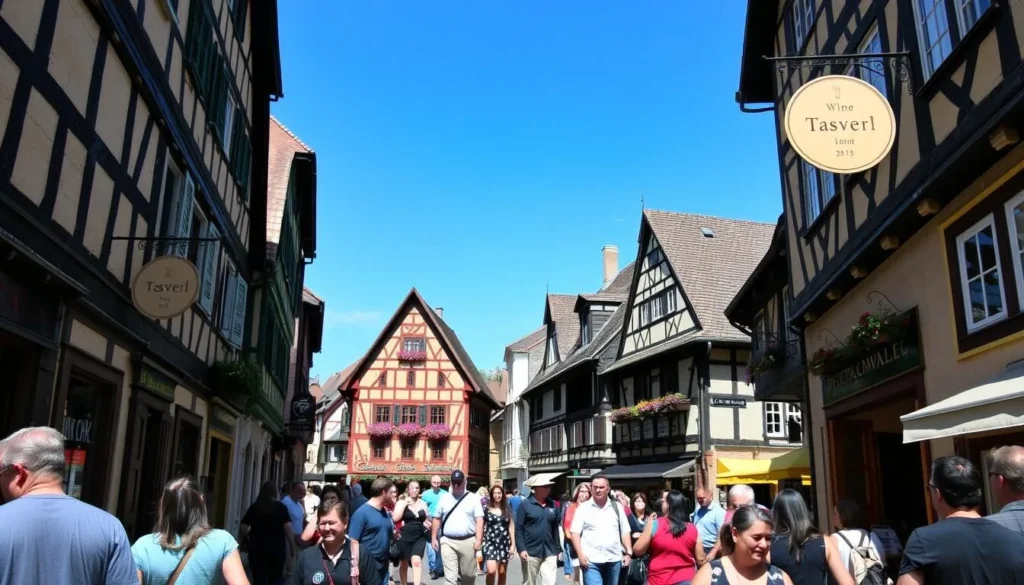 The famous narrow Drosselgasse alley in Rüdesheim filled with wine taverns and shops