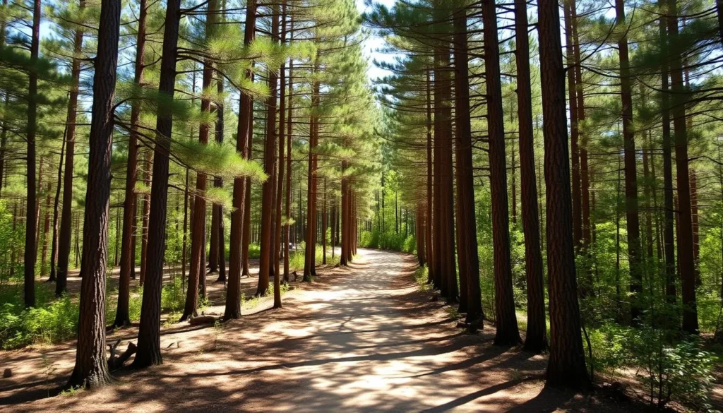 The forested approach to Driskill Mountain with hiking trail visible among pine trees