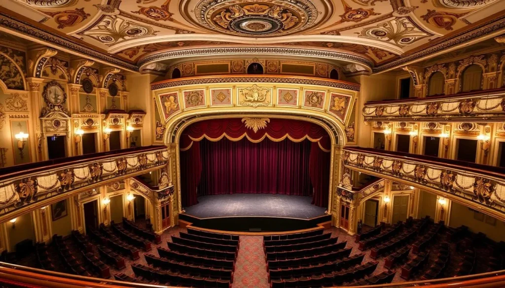 The grand auditorium of the Woodland Opera House with ornate details
