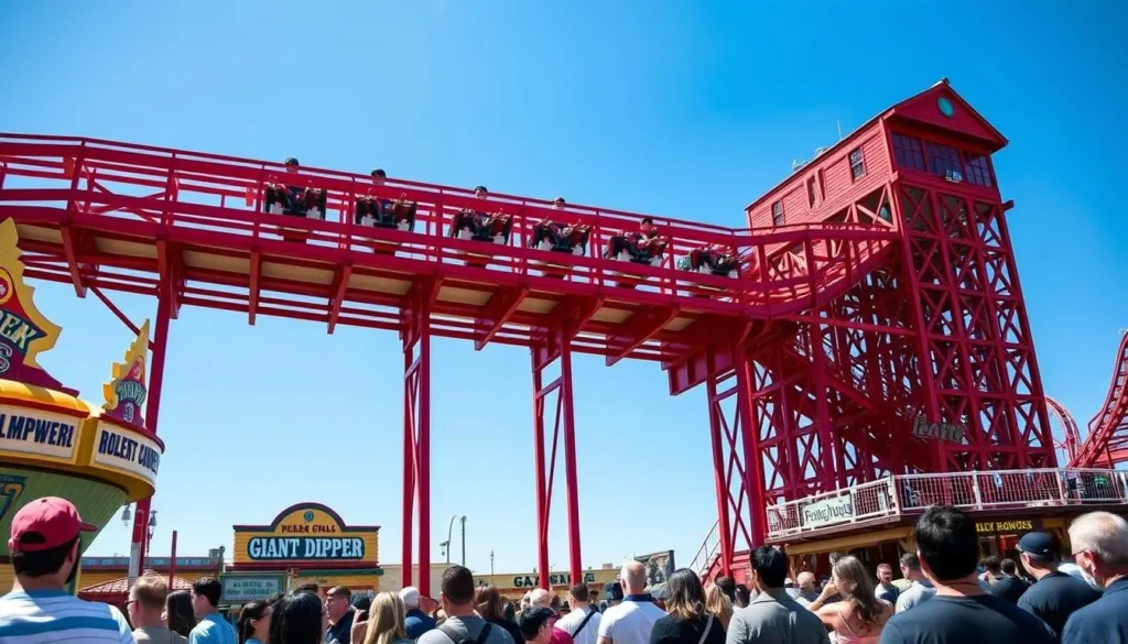 The historic Giant Dipper wooden roller coaster at Santa Cruz Beach Boardwalk with riders enjoying the thrill The historic Giant Dipper wooden roller coaster at Santa Cruz Beach Boardwalk with riders enjoying the thrill