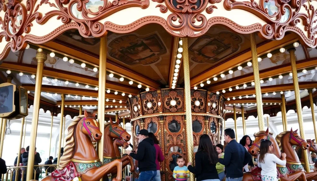 The historic Looff Carousel at Santa Cruz Beach Boardwalk showing the ornate horses and brass ring dispenser The historic Looff Carousel at Santa Cruz Beach Boardwalk showing the ornate horses and brass ring dispenser