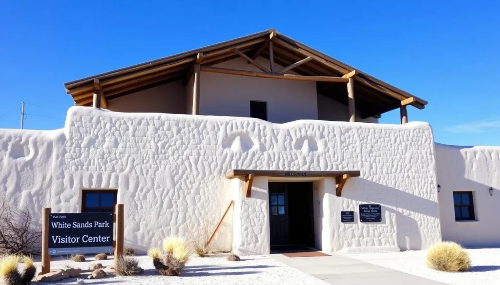 The historic White Sands Visitor Center with its Pueblo-Revival architecture against a blue sky background The historic White Sands Visitor Center with its Pueblo-Revival architecture against a blue sky background