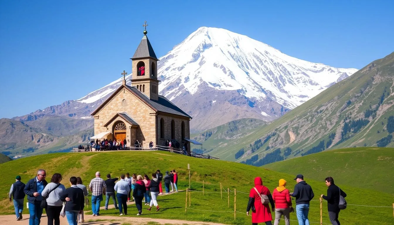 The iconic Gergeti Trinity Church with Mount Kazbek in the background in Georgia (Europe)