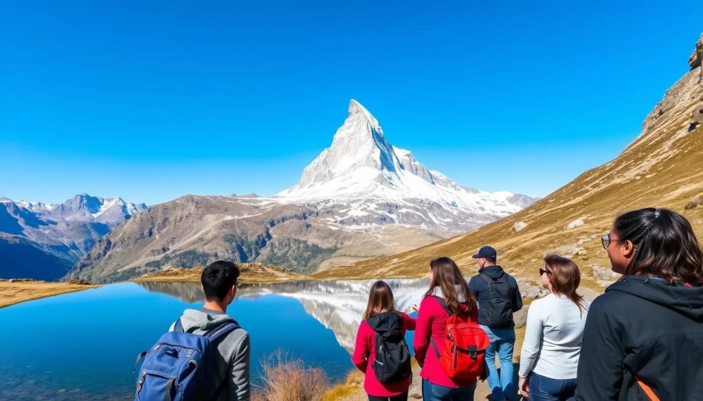 The iconic Matterhorn mountain in Zermatt with hikers enjoying the view