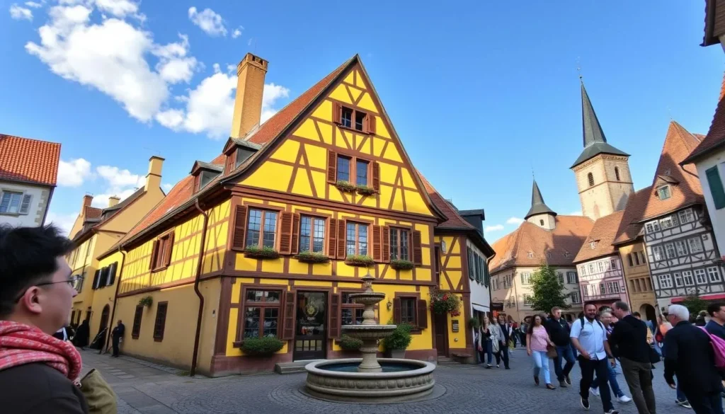 The iconic Plönlein corner in Rothenburg with its yellow half-timbered house and medieval towers