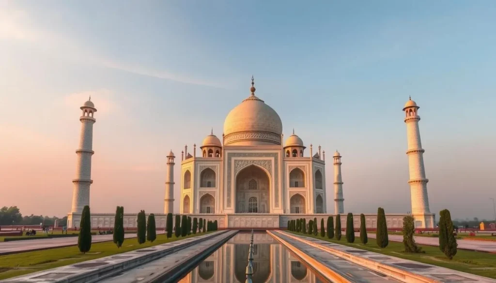 The iconic Taj Mahal in Agra at sunrise with its white marble dome and minarets reflected in water