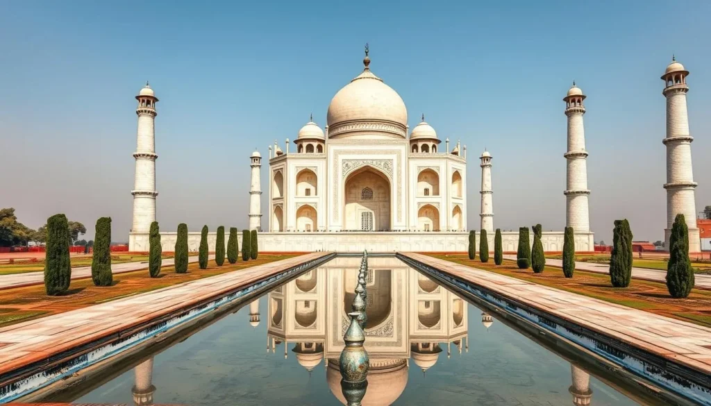 The iconic Taj Mahal in Agra with its white marble dome and reflecting pools