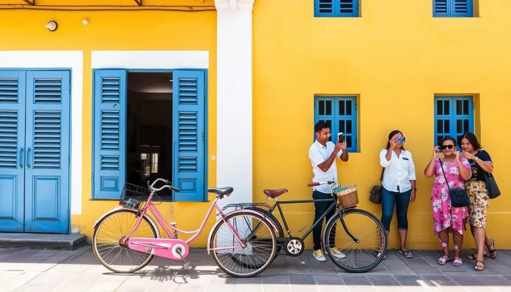 The iconic yellow wall of Café des Arts in Puducherry with vintage bicycles