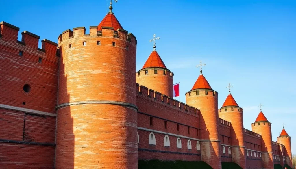 The impressive Smolensk Fortress Wall with its distinctive red brick towers