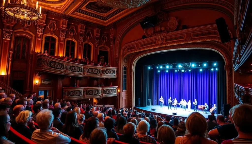 The interior of Woodland Opera House during a performance with stage lighting