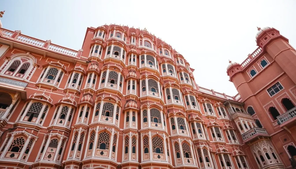 The intricate facade of Hawa Mahal (Palace of Winds) in Jaipur with its distinctive honeycomb structure of small windows