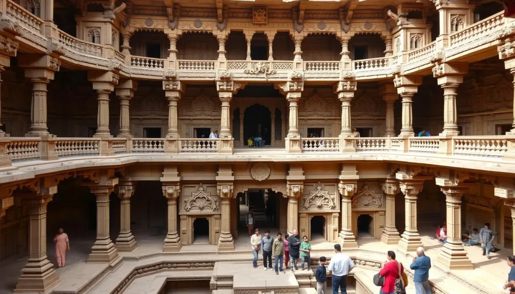 The intricately carved Adalaj Stepwell showing its multi-level architecture The intricately carved Adalaj Stepwell showing its multi-level architecture