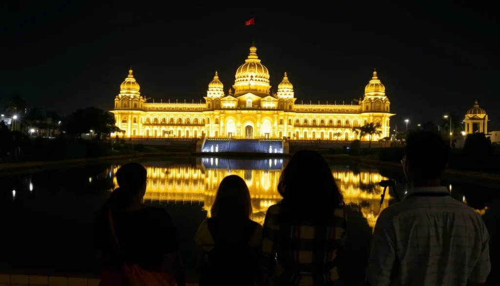 The magnificent Mysore Palace illuminated at night with tourists admiring the view