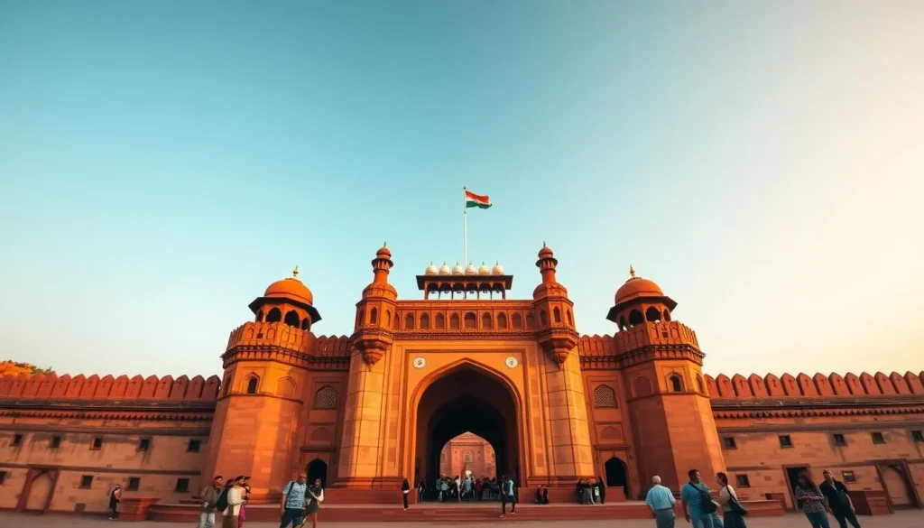 The magnificent Red Fort (Lal Qila) in Old Delhi with its imposing red sandstone walls