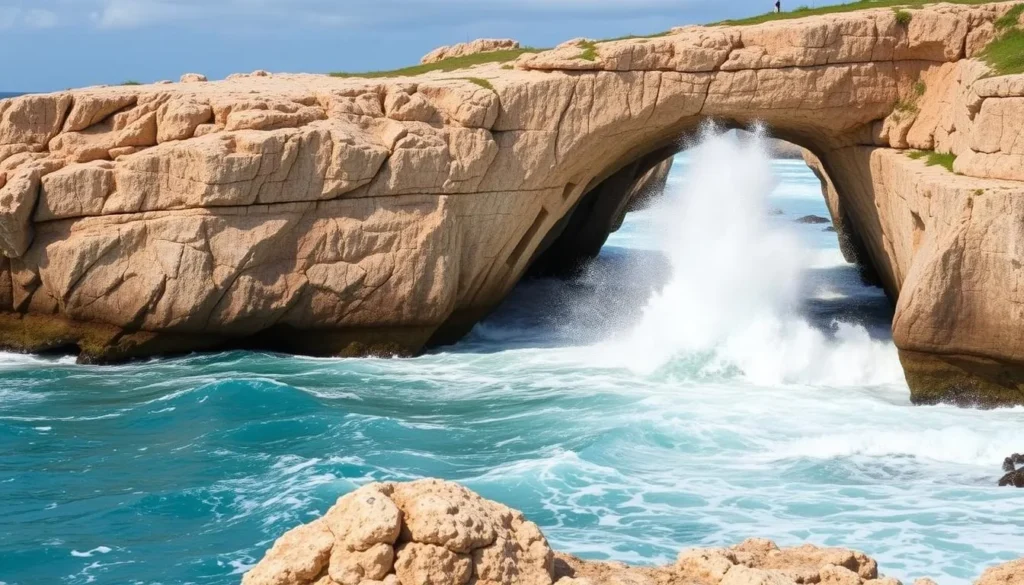 The natural limestone arch of Devil's Bridge National Park with waves crashing The natural limestone arch of Devil's Bridge National Park with waves crashing