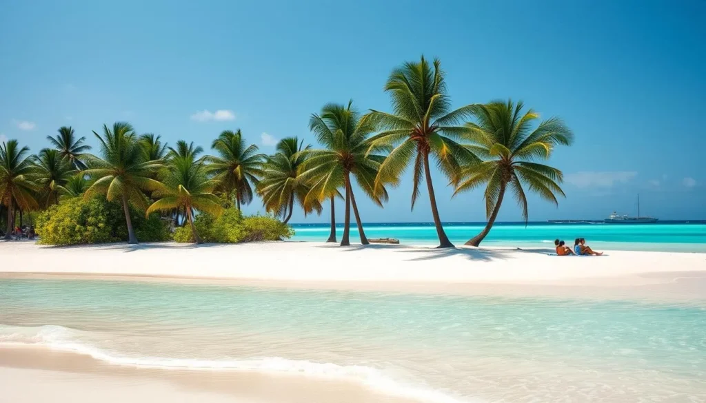 The pristine white sand beach of Cayo Levantado island with turquoise waters
