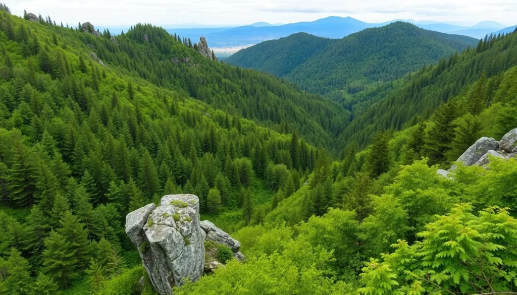 The pristine wilderness of Sikhote-Alin mountains with dense forests and rocky outcrops The pristine wilderness of Sikhote-Alin mountains with dense forests and rocky outcrops
