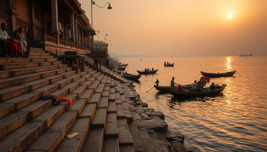 The sacred ghats of Varanasi along the Ganges River The sacred ghats of Varanasi along the Ganges River