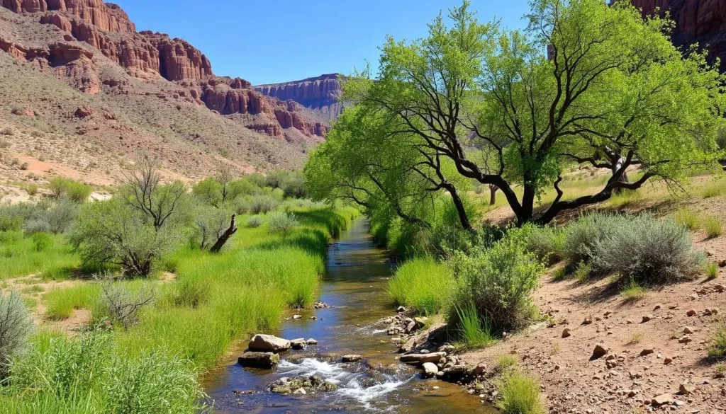 The scenic Carrizo Canyon with flowing creek and cottonwood trees in Comanche National Grassland
