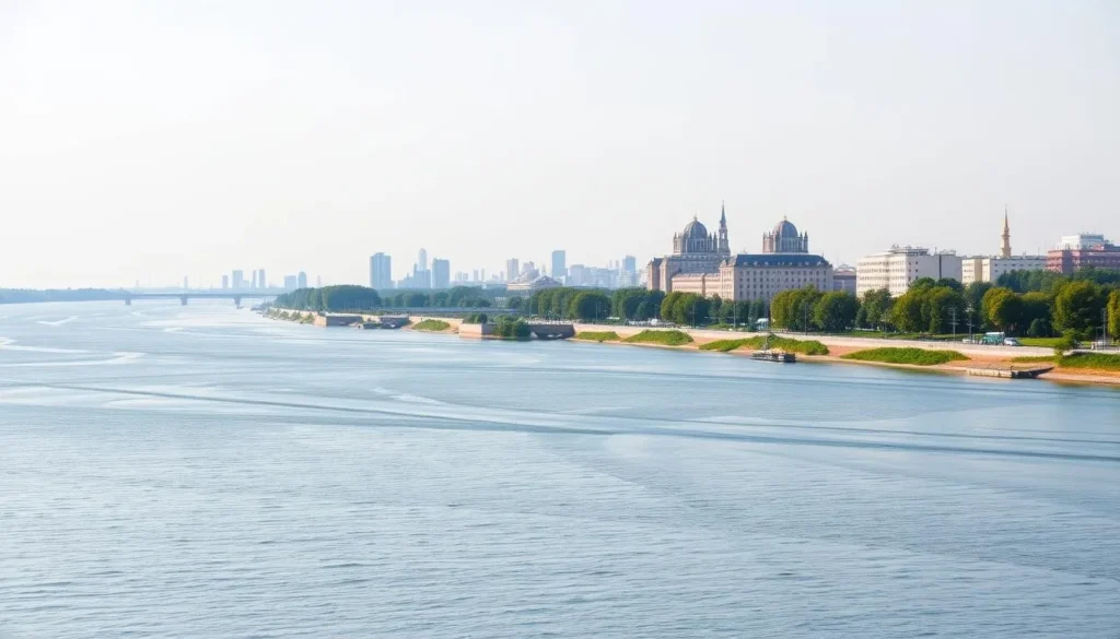 The scenic landscape of Khabarovsk with the Amur River and city skyline The scenic landscape of Khabarovsk with the Amur River and city skyline