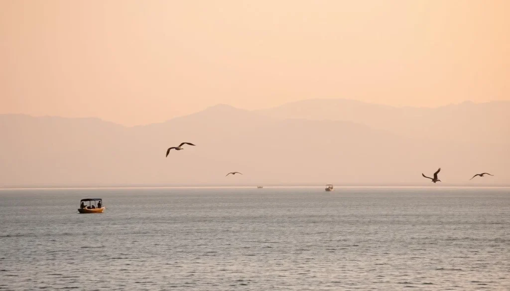 The serene Chilika Lake with small boats and migratory birds