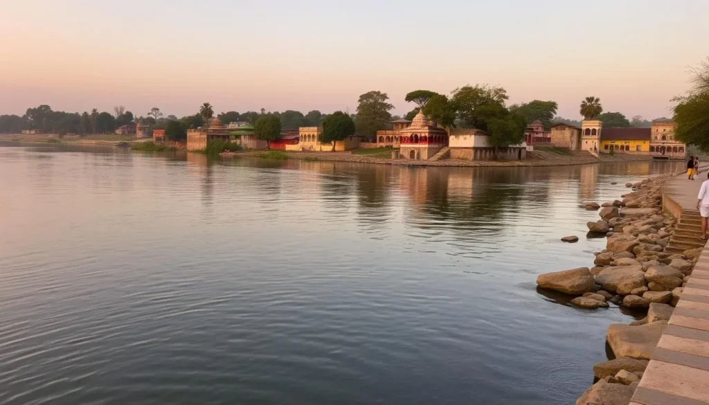 The serene Shipra River in Ujjain with ghats and surrounding natural beauty