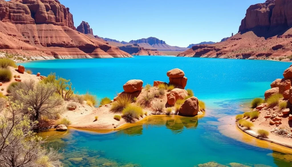 The stunning blue-green waters of Bottomless Lakes State Park surrounded by red rock cliffs The stunning blue-green waters of Bottomless Lakes State Park surrounded by red rock cliffs