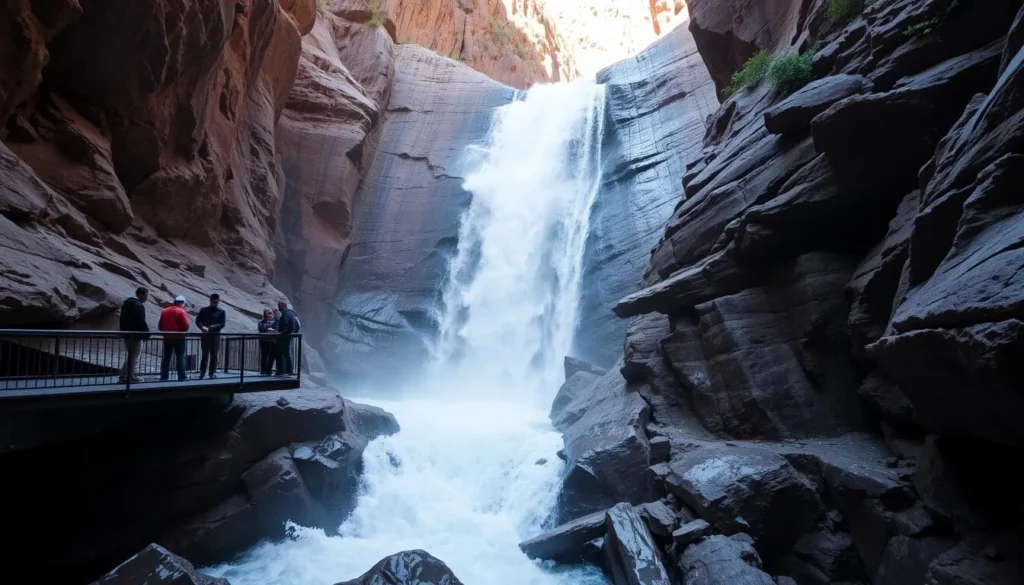 The thundering waterfall at Box Canyon Falls with visitors on viewing platform The thundering waterfall at Box Canyon Falls with visitors on viewing platform