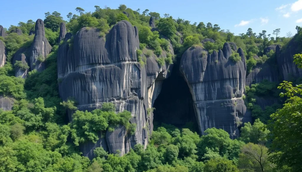 The towering rock formations of Yana Caves surrounded by lush forest