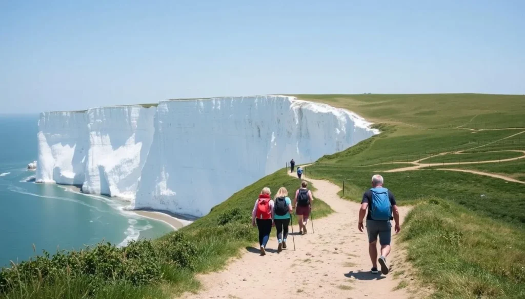 The white cliffs of Cap Blanc Nez near Calais with hikers enjoying the coastal path