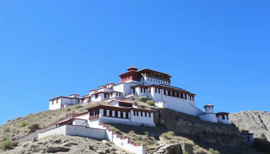 Thiksey Monastery perched dramatically on a hillside with prayer flags and traditional architecture Thiksey Monastery perched dramatically on a hillside with prayer flags and traditional architecture