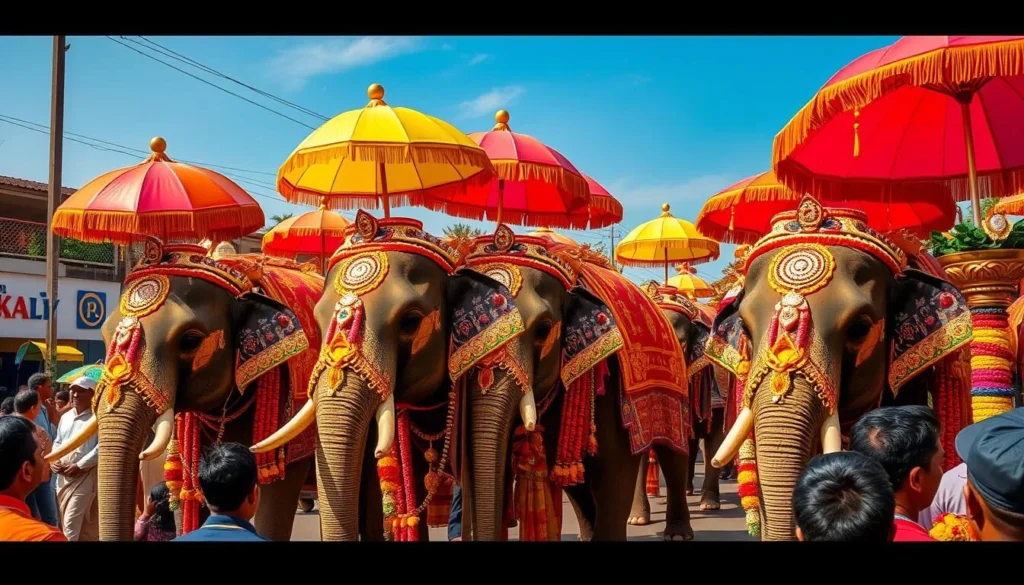 Thrissur Pooram festival with decorated elephants and large crowds