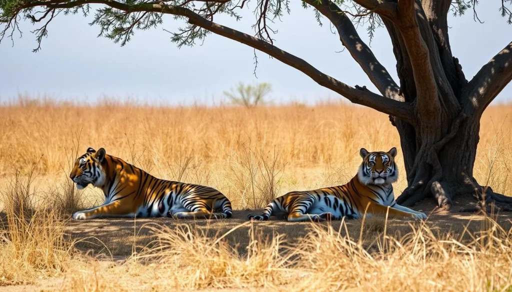 Tigers resting in the shade during summer at Bandhavgarh National Park