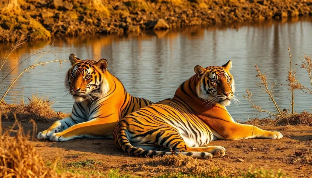 Tigers resting near a water body in Kanha National Park during summer season
