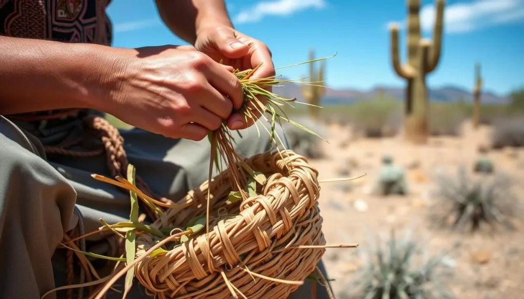 Tohono O'odham traditional basket weaving demonstration with desert plants