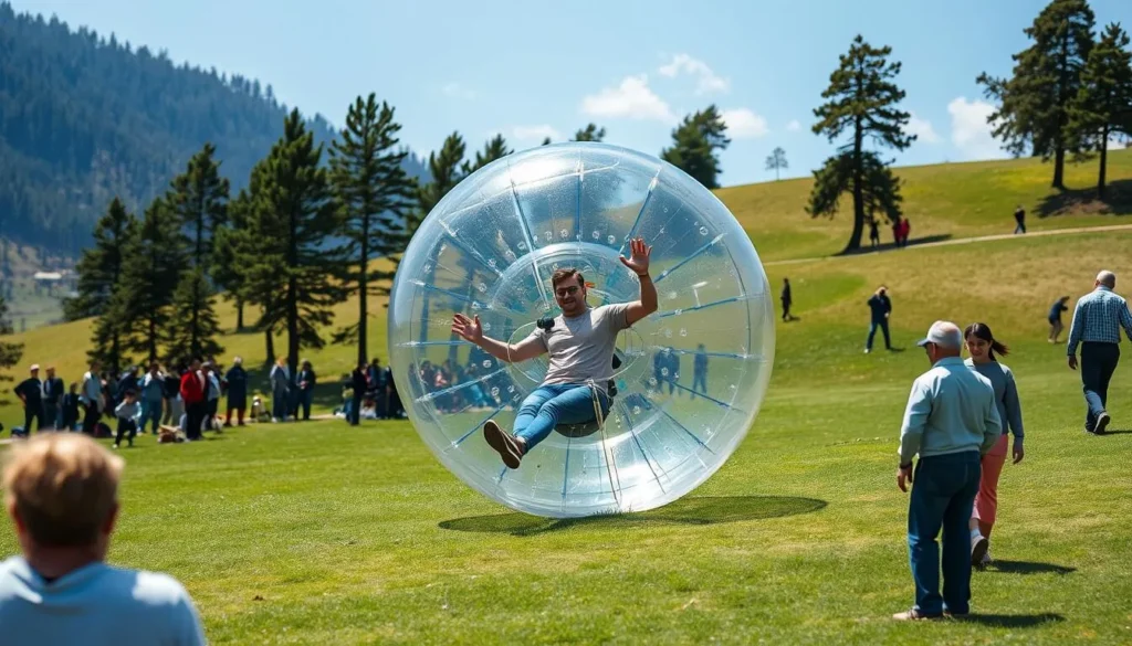 Tourist enjoying zorbing activity on Khajjiar's sloping meadows
