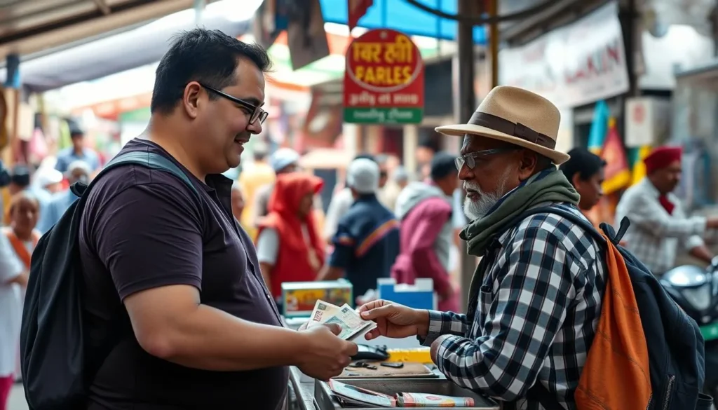 Tourist exchanging currency at a local market in India