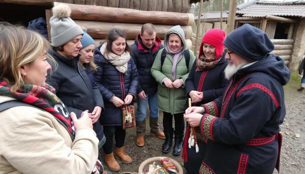 Tourist group learning about traditional Khanty crafts from a local artisan Tourist group learning about traditional Khanty crafts from a local artisan