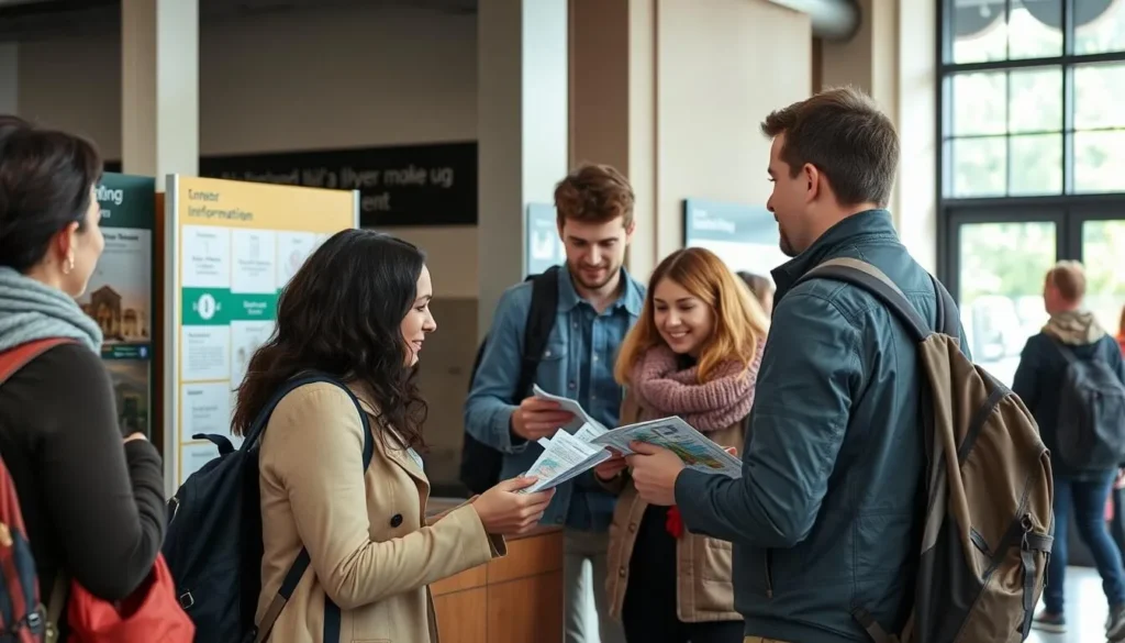 Tourist information center in Trier with people getting maps and advice